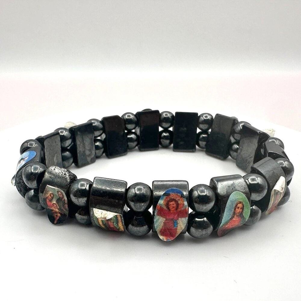 Vintage 80s Black Hematite Religious Catholic Icons Stretch Bracelet Jewelry Y2K